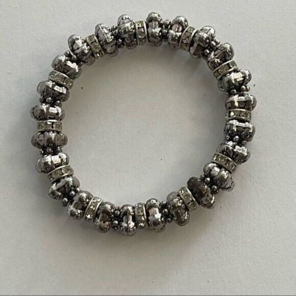 Silver Tone Bracelet with Floral Design Beads and White Rhinestones Stretchy